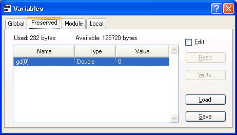 5. The EPSON RC+ 5.0 GUI The Preserved page displays the Global Preserve variables. The numbers of used and available bytes for preserved variables are also displayed.
