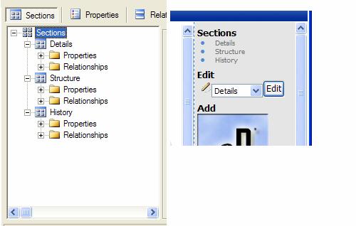 Figure 6 - Sections and the links they create Sections allow you to group the properties and relationships of an object in a meaningful way, for example in the case of Documents, it is used to