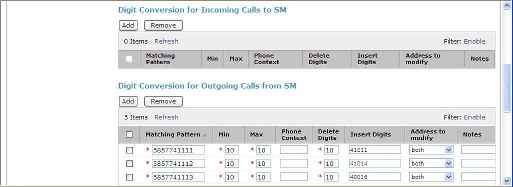 To map inbound DID numbers from Frontier to Communication Manager extensions, scroll down to the Digit Conversion for Outgoing Calls from SM section. Create an entry for each DID to be mapped.