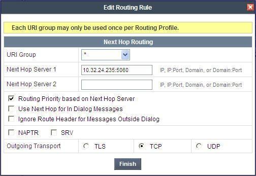 For the Next Hop Routing, enter the IP Address of the Session Manager SIP signaling interface as Next Hop Server 1, as shown below.