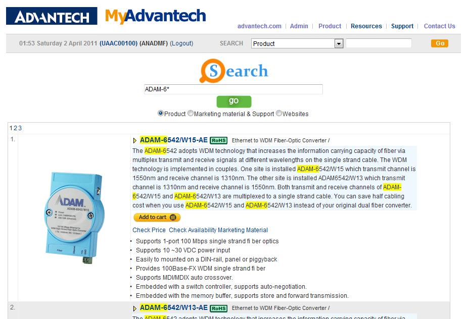 41 PRODUCT INFORMATION Search Feature Overview: Use this tool to search Advantech s backend databases and websites for information on products.