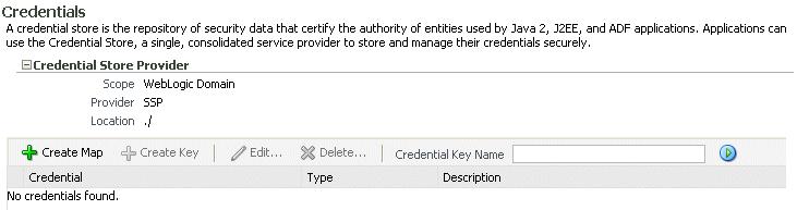 Configuring an Authentication Provider in WebLogic Server Figure 9 3 Credential Store Provider Configuration Page 3. Click Create Map and enter the map name oracle.wsm.