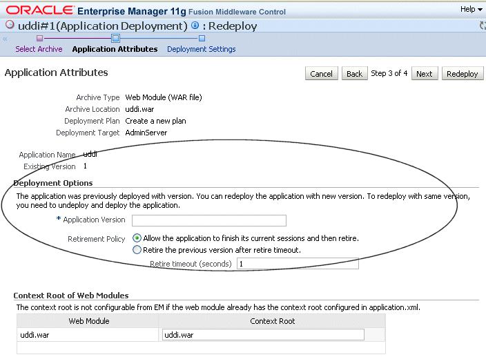 Redeploying a Web Services Application Figure 5 6 Setting Application Attributes During