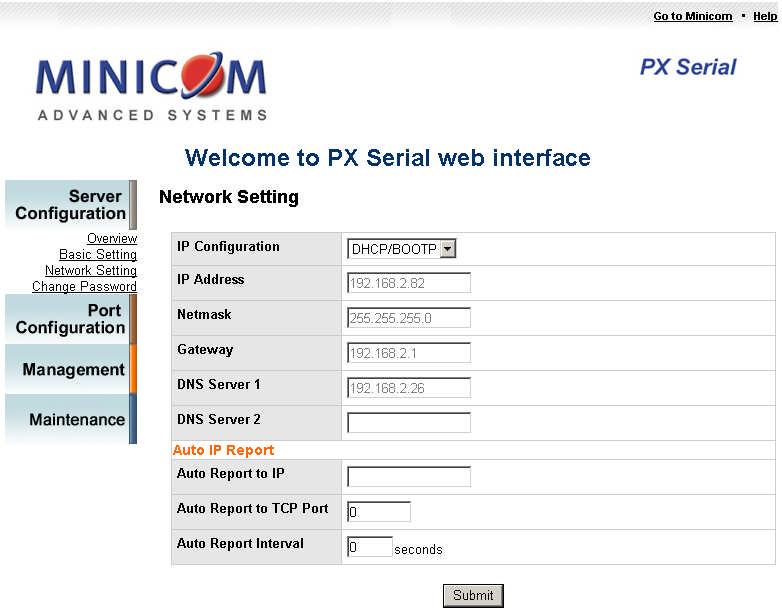 PX SERIAL 6.1 Network Setting Consult your Network Administrator for the network settings. Click Network Setting, the following appears.