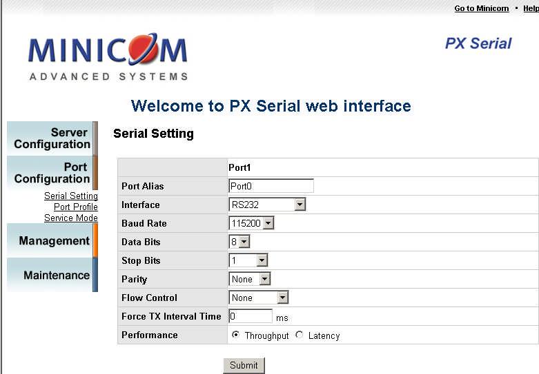 7.1 Serial Setting QUICK START GUIDE Click Serial Setting, the following appears. Figure 5 Serial Setting Port Alias: Give the port an identifying name to be identified by the connected device.