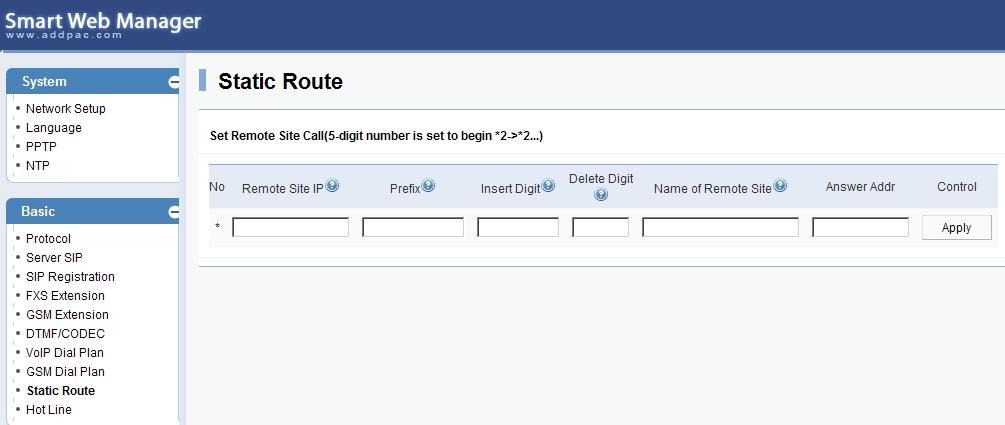 VoIP Setup 2. Static Route -1 1 1 Static Route : : User can forward call to other party after enter IP address of them.