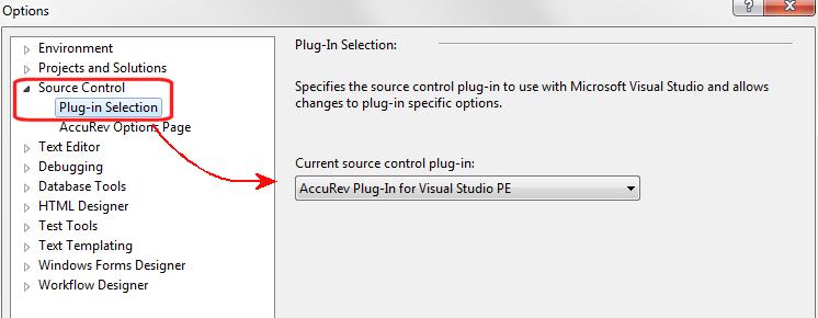 Configuring Visual Studio to Use AccuRev Plug-In To configure Visual Studio to use AccuRev Plug-In: 1. In Visual Studio, select Tools > Options to open the Options dialog. 2.