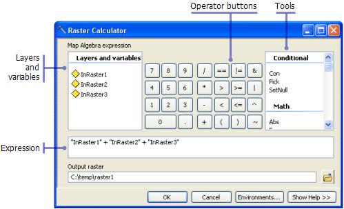 Raster Calculator 1. Go to ArcToolbox > Spatial Analyst Tools > Map Algebra > Raster Calculator. 2. Observe interface and listen to demo.