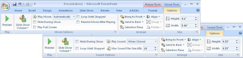 This choice will be added to the slide s animation. A separate tab opens with settings for the movie or sound item.