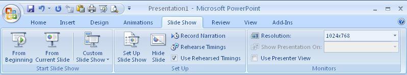 Ready Set Present! The SLIDE SHOW tab contains the options for your presentation to run on its own.
