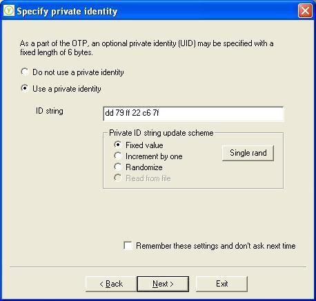 4. Select "Use a private identity" and enter the desired value in hex encoded format.