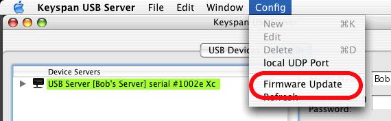 This will force the USB Server software to obtain the current status of the USB Server hardware. The Keyspan USB Server's firmware can be updated at any time via the Keyspan USB Server application.
