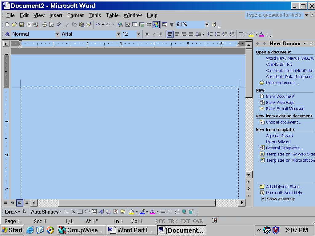 THE WORD SCREEN When you start Word, the screen contains a blank document (called Document1) with the following tools (see descriptions below): Standard toolbar Formatting toolbars Ask a question box