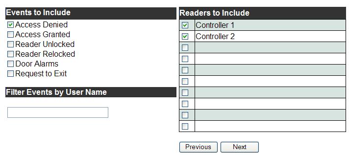 Enter a user name to retrieve events from only this user. (Optional.) 5. Select a reader or readers.