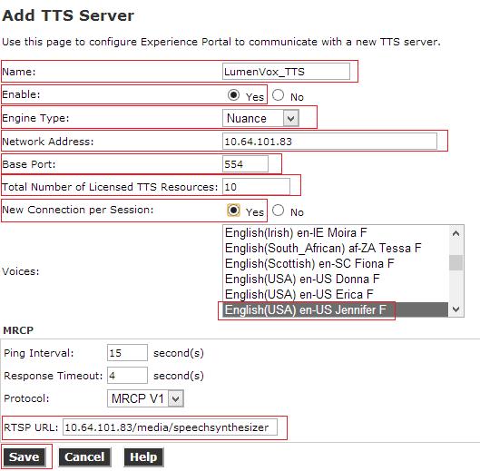 5.2.2. TTS Server To add a TTS server, click on TTS tab (not shown) on Speech Servers (not shown) page, and click Add (not shown). Name: Enter a descriptive name. Enable: Set to Yes.