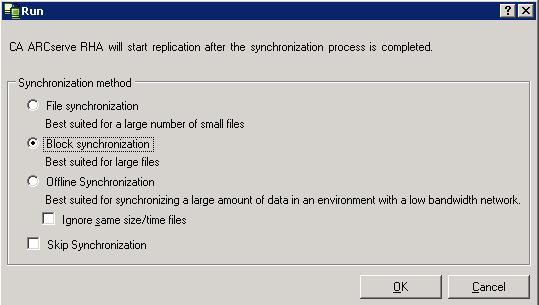Switching Over and Switching Back b. Select a synchronization method from the Run dialog and click OK to start resynchronization.