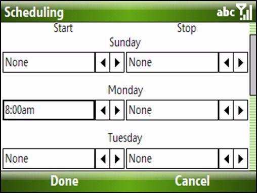 To enable Time of day scheduling: 1. Select Options. 2. Select Settings. 3. Select Scheduling. 4. Select the Time of day scheduling checkbox. 5.