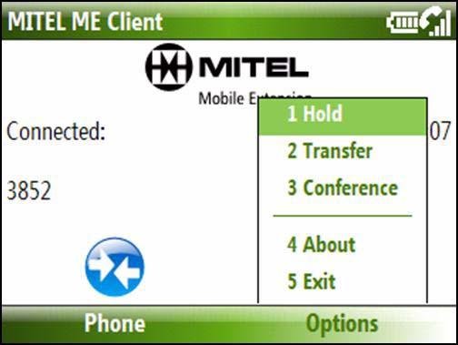 Using Mobile Extension Client Call Options During a call you have access to a number of ME Client features. These features are presented under the Options menu while you are in a call.