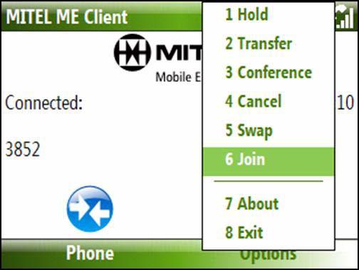 Mobile Client Handset User Guide Conference To set up a conference call with a third party: 1. Choose Options. 2. Select Conference. The Number for transfer/conference: screen displays. 3.