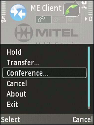 Using Mobile Extension Client Conference To set up a conference call with a third party: 1. Choose Options. 2. Select Conference. The Conference with: screen displays. 3.