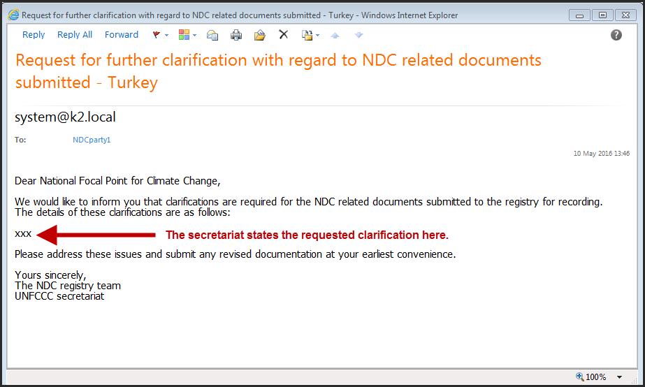 Figure 28: Request for Clarification Parties can upload and submit documents addressing the requested clarification (stated in the email) on the NDC Registry submission portal, following the