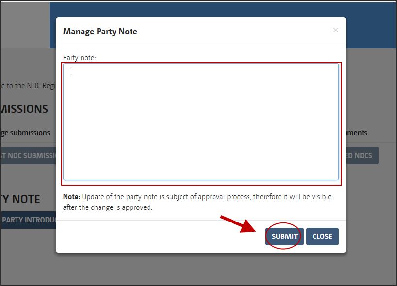 Figure 34: Manage Party Note Fill in the Party introductory note in