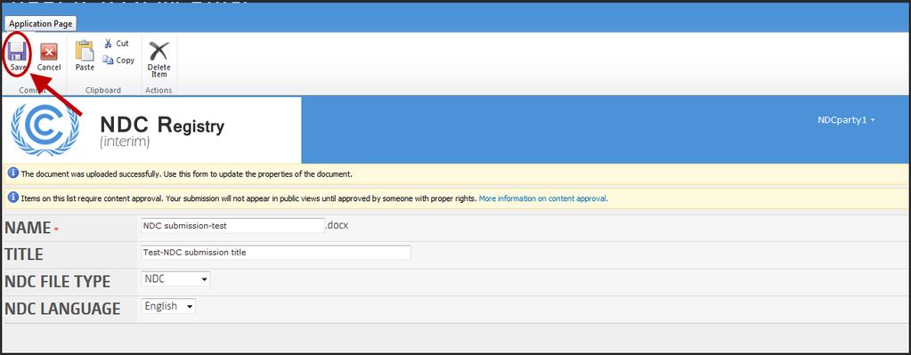 Figure 12: Document Properties The submission page of NDC Registry submission portal