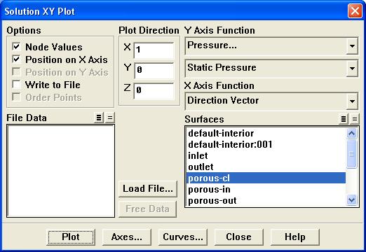 9. Plot the static pressure across the line surface porous-cl. Plot XY Plot... (a) Make sure that the Pressure... and Static Pressure are selected from the Y Axis Function drop-down lists.