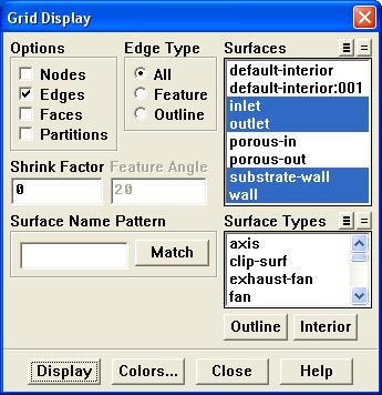 4. Display the mesh. Display Grid... (a) Make sure that inlet, outlet, substrate-wall, and wall are selected in the Surfaces selection list. (b) Click Display.
