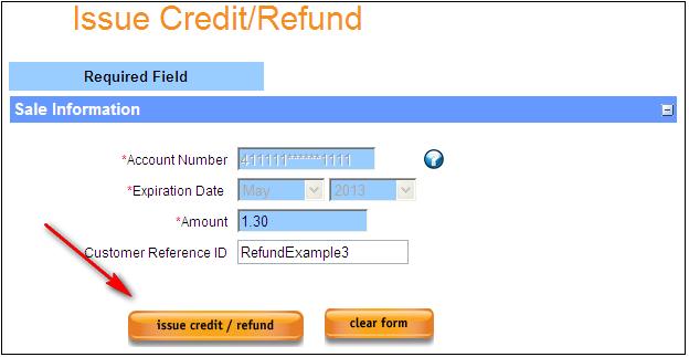 In order to process a Credit/Refund on one of the identified transactions, press the Credit/Refund link (circled below) to begin