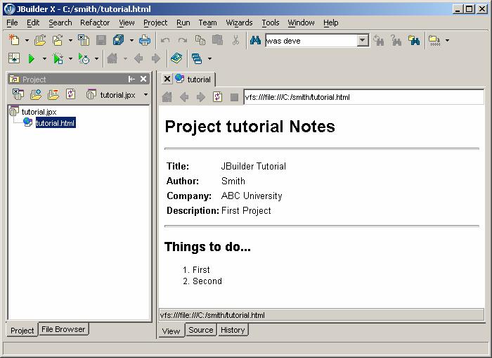 Project Wizard Step 3 of 3 collects optional information for the project. Figure 2.6 A new project is created with the.jpx file and.html file. NOTE: JBuilder automatically generates many backup files.