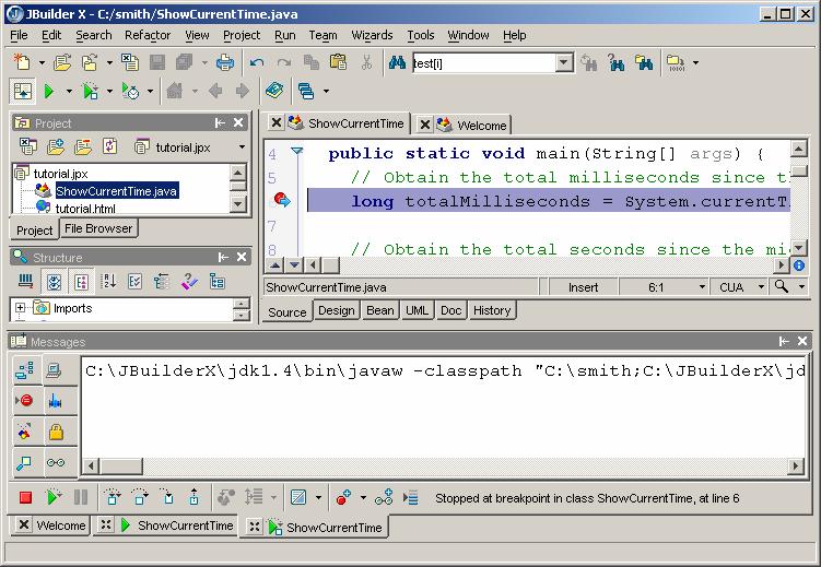 Figure 4.1 A breakpoint is set in ShowCurrentTime.java. If the program compiles without problems, the message pane becomes a debugger pane, as shown in Figure 4.