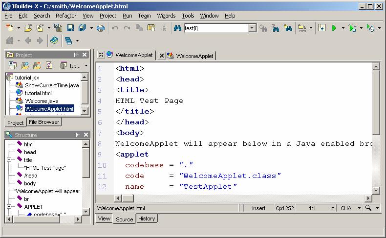 Figure 6.3 The source code of WelcomeApplet.html is shown in the content pane. Figure 6.4 The source code of WelcomeApplet.java is shown in the content pane. 6.2 Modifying Applets Replace WelcomeApplet.