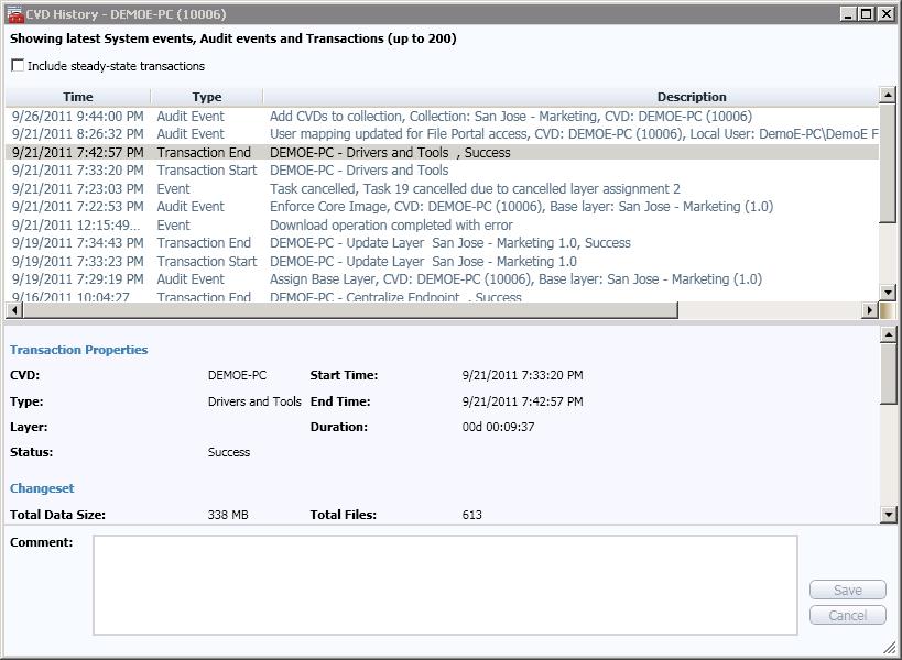 VMware Horizon Mirage Administrator's Guide v4.2 To open the CVD history view: 1. In the CVD Inventory, right-click the CVD name and select History. 2. Click Timeline. The CVD History window appears.