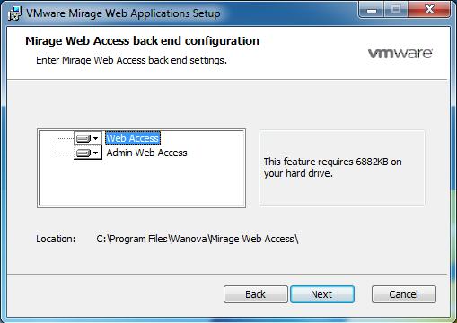 VMware Horizon Mirage Administrator's Guide v4.2 9. Click Next. The Mirage Web Access back end configuration window appears. Select the components you wish to install.