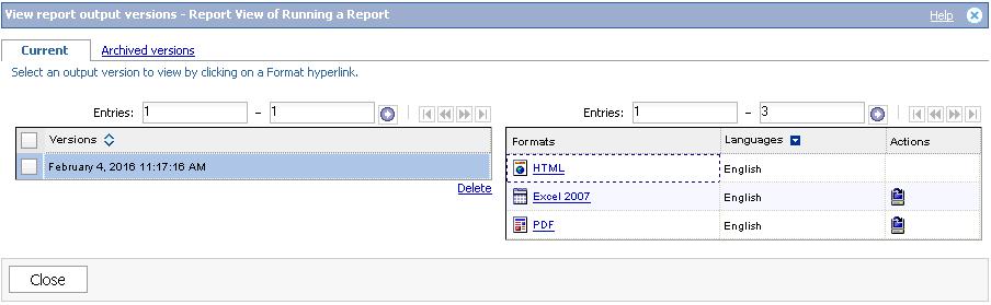 The View report output versions window opens. There are three output versions of the report HTML, Excel 2007 and PDF. Each version has the same data just in a different format.