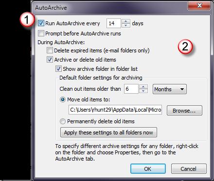 The AutoArchive dialog box. You ll notice everything is grayed out. To turn on AutoArchive, 1. Check the box next to Run AutoArchive every. This turns AutoArchive on. 2.