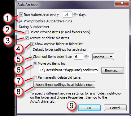 The AutoArchive Dialog Box Explained: Use the AutoArchive dialog box to change overall default settings. These settings are applied when AutoArchive is turned on.