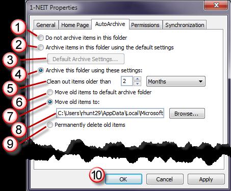 3 Default Archive Settings button - Click this button to access the AutoArchive dialog box and view or change the default settings. (See The AutoArchive dialog box explained: section).