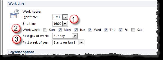 Setting Calendar Options The Calendar Options dialog box provides tools to set your calendar to: set your work week and times.