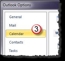 Set Workdays and Times To set workdays and times do the following: Open the Calendar Options window. 1. Select the File tab on the Ribbon. 2. Select Options.