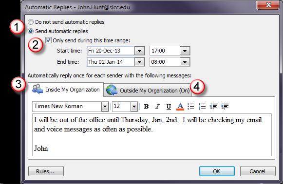 You can set it to reply only to people within your organization or people outside your organization or both. To set up Automatic Replies: 1. Select the File tab 2.