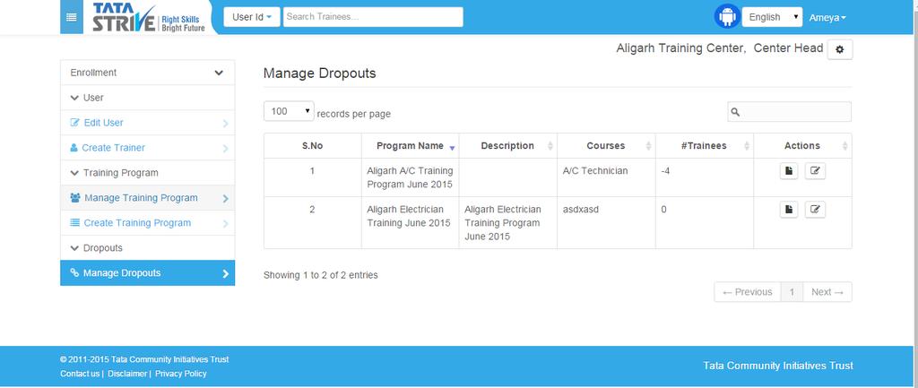 1.2.3 Dropouts Click the Dropouts option present in the