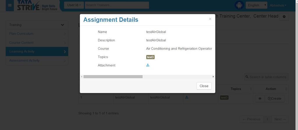 Click on the Create button to clone the selected assignment and make it available for your center