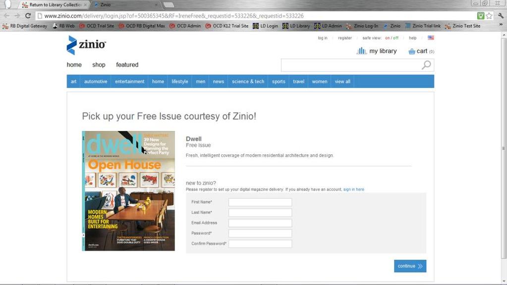 9. Create and Log-into Your Personal Zinio View Account After you select your first magazine in your Library Collection, a second browser window will open to Zinio.com.