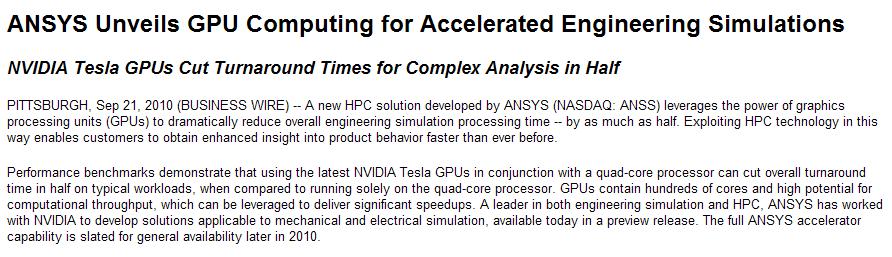ANSYS Announcement of NVIDIA CUDA Support