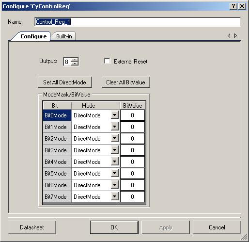 PSoC Creator Component Datasheet Component Parameters Drag a control register onto your design and double-click it to open the Configure dialog. Outputs Number of output terminals (1 to 8).