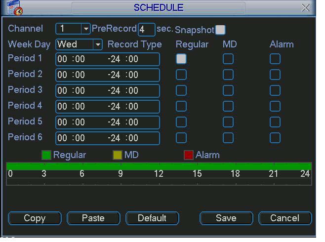 After the system booted up, it is in default 24-hour regular mode. You can set record type and time in schedule interface. In the main menu, from Setting to Schedule, you can go to schedule menu.