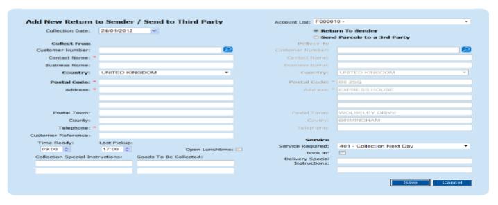 Booking a Return Shipment to your address You can arrange for the return of an item or to be sent to a third party address via the Add New Return To Sender / Send To Third Party screen found on the
