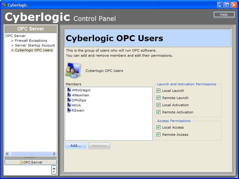 Cyberlogic OPC Users During the product installation, a users group called Cyberlogic OPC Users is automatically created and added to the security settings for the Cyberlogic OPC Server.